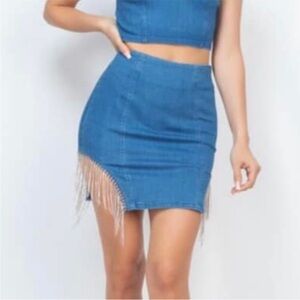 Blashe Rhinestone Fringe Denim Mini Skirt - Size Small